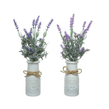 Set van 2x stuks paarse Lavendula/lavendel kunstplantjes 32 cm in witte pot - Kunstplanten