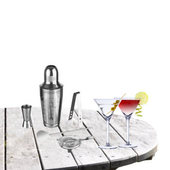 Cocktailshaker set RVS 5-delig inclusief 4x cocktail/martini glazen 220 ml - Cocktailshakers