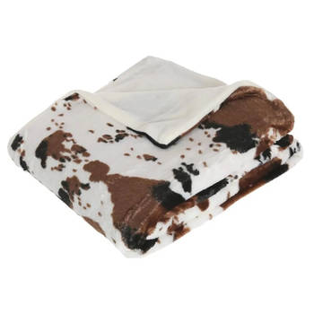 Fleece deken/fleeceplaid wit/bruin koeienprint 130 x 160 cm polyester - Plaids