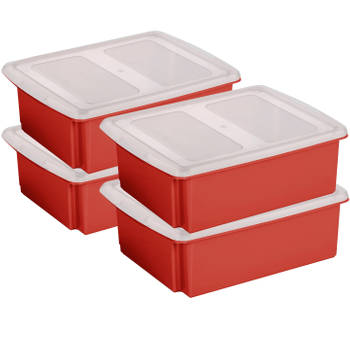 Sunware set van 4x opslagboxen kunststof 17 liter rood 45 x 36 x 14 cm met deksel - Opbergbox