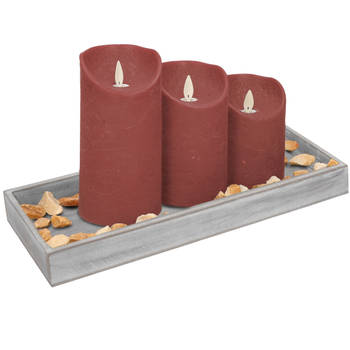 Houten dienblad met 3 LED kaarsen in de kleur roze 14 x 40 cm - LED kaarsen