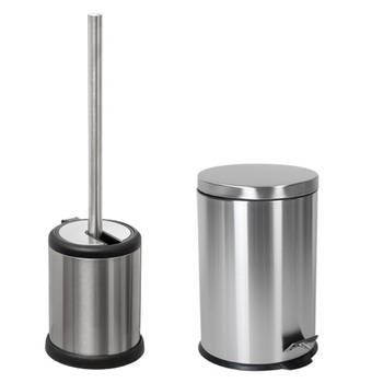 Toiletborstel houder rvs zilver 39 cm en pedaalemmer 5 liter combi - Badkameraccessoireset