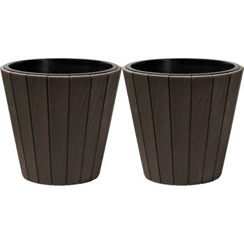 Prosperplast Plantenpot/bloempot Wood Style - 2x - buiten/binnen - kunststof - donkerbruin - D30 x H28 cm - Plantenpotte