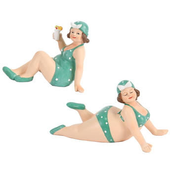 Woonkamer decoratie beeldjes set van 2 dikke dames - groen badpak - 17 cm - Beeldjes