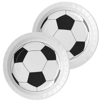 Santex feest wegwerpbordjes - voetbal - 20x stuks - 23 cm - wit/zwart - Feestbordjes
