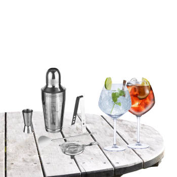 Cocktailshaker set RVS 5-delig inclusief 4x Gin Tonic glazen 730 ml - Cocktailshakers