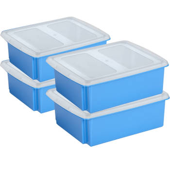 Sunware set van 4x opslagboxen kunststof 17 liter blauw 45 x 36 x 14 cm met deksel - Opbergbox