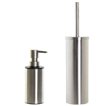 Toiletborstel houder zilver 39 cm met zeeppompje 300 ml metaal - Badkameraccessoireset