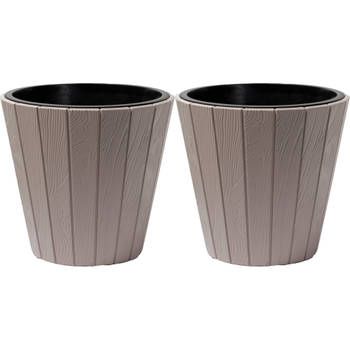 Prosperplast Plantenpot/bloempot Wood Style - 2x - buiten/binnen - kunststof - beige - D35 x H32 cm - Plantenpotten