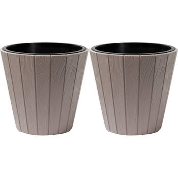 Prosperplast Plantenpot/bloempot Wood Style - 2x - buiten/binnen - kunststof - beige - D30 x H28 cm - Plantenpotten