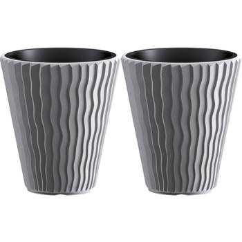 Prosperplast Plantenpot/bloempot Sand Waves - 2x - buiten/binnen - kunststof - steengrijs - D39 x H43 cm - Plantenpotten