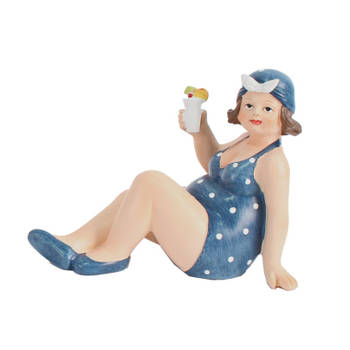 Home decoratie beeldje dikke dame zittend - donkerblauw badpak - 17 cm - Beeldjes