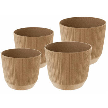 Prosperplast plantenpotten/bloempotten Carf Stripe - beige - 4x stuks - kunststof - Dia 13 en 17 cm - Plantenpotten