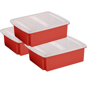 Sunware set van 3x opslagboxen kunststof 17 liter rood 45 x 36 x 14 cm met deksel - Opbergbox