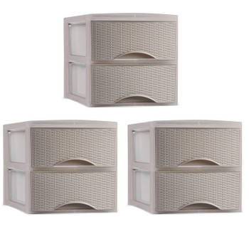 Plasticforte thuis kantoor organizer ladeblok - 3x - 2 lades - 25 x 37 x 26 cm - kunststof - beige - Ladeblok