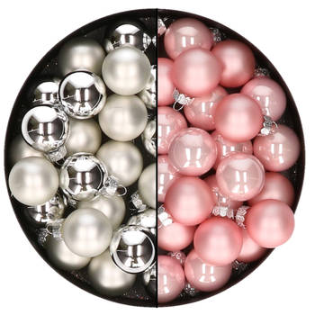 Mini kerstballen - 48x st - zilver en lichtroze - 2,5 cm - glas - Kerstbal
