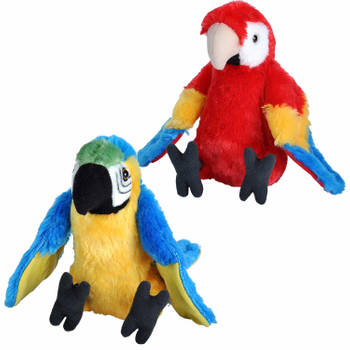 Vogels knuffels setje van 2x pluche knuffel Macaw Papegaaien van 20 cm - Vogel knuffels