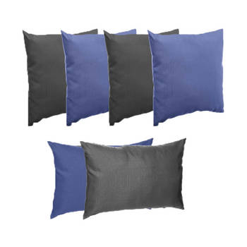 Bank/sier/tuin kussens voor binnen/buiten set 3x indigo blauw/3x antraciet in 2 formaten - Sierkussens