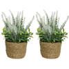 2x lavendel kunstplant in gevlochten plantenmand - wit - D12 x H26 cm - Kunstplanten