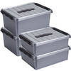 Opberg boxen set 4x stuks 10 en 15 liter kunststof grijs met deksel - Opbergbox
