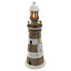 Vuurtoren beeldje met LED licht - Hout - 12 x 35 cm - wit/bruin - Maritieme decoraties binnen - Beeldjes