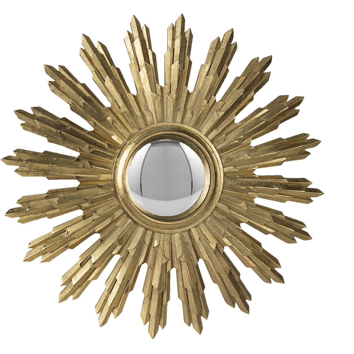 HAES DECO - Bolle ronde Spiegel met Art Deco rand - Kleur Goudkleurig - Formaat Ø 37x2 cm - Materiaal Polyresin / Glas - Wandspiegel, Spiegel rond, Convex Glas