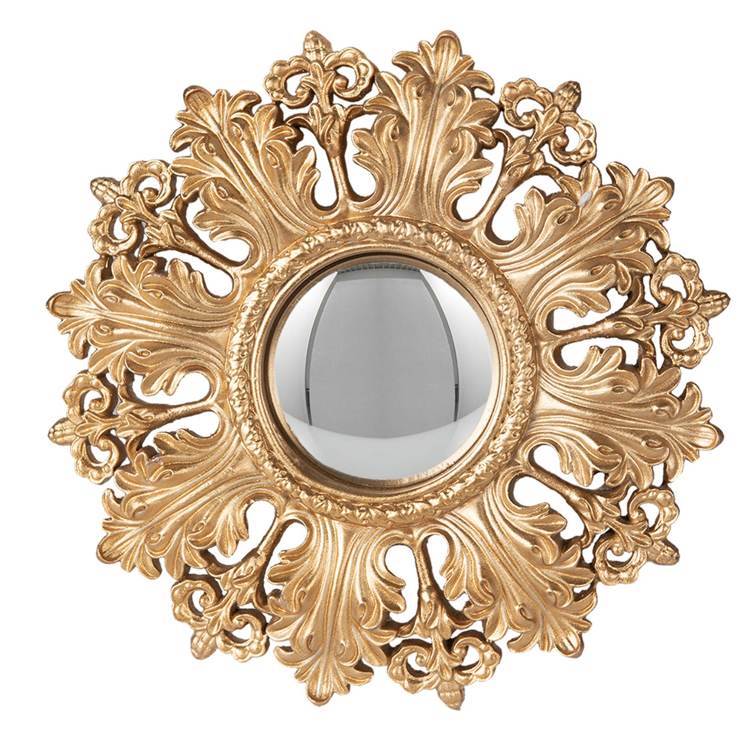 HAES DECO - Bolle ronde Spiegel met versierde rand - Kleur Goudkleurig - Formaat Ø 20x2 cm - Materiaal Polyresin / Glas - Wandspiegel, Spiegel rond, Convex Glas