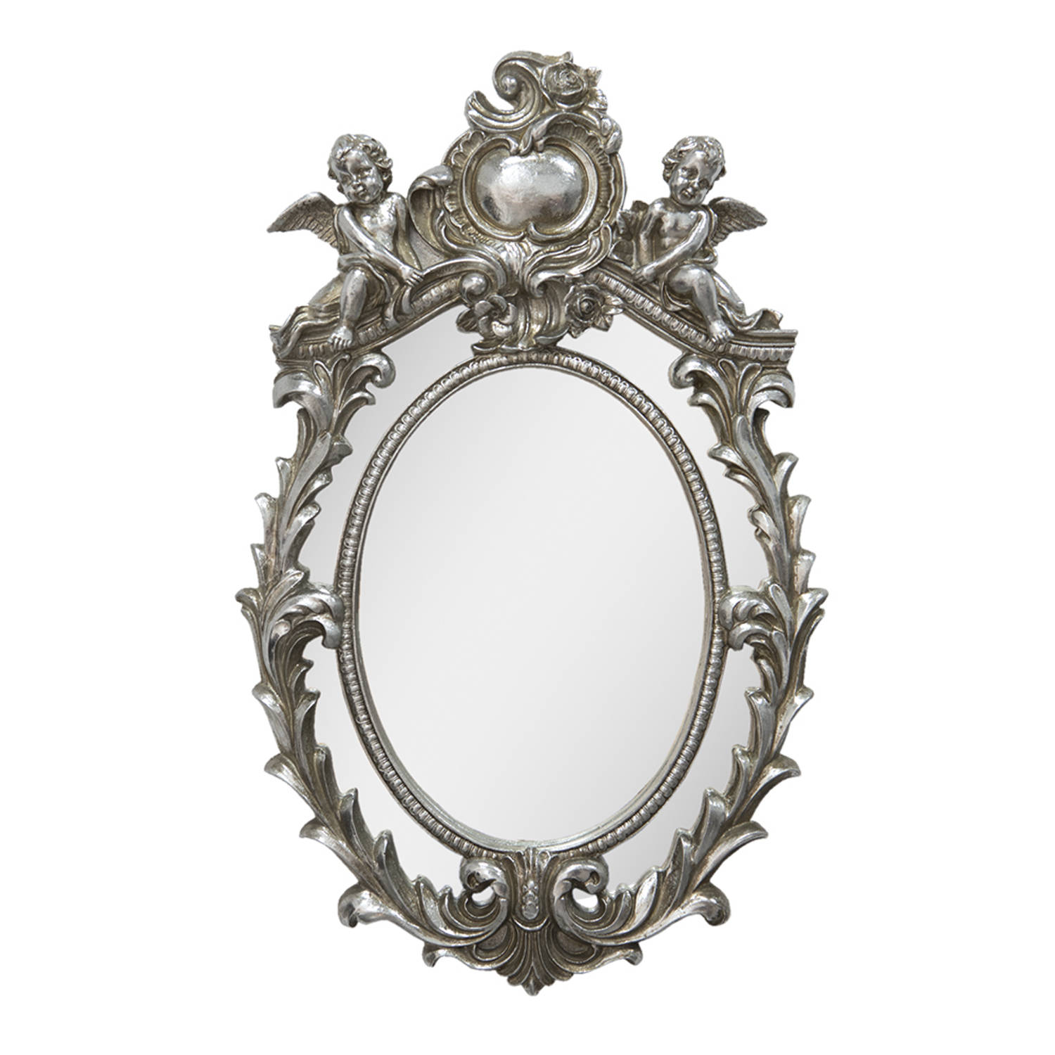 HAES DECO - Ovale Spiegel met Engelen - Kleur Zilverkleurig - Formaat 35x5x55 cm - Materiaal Polyresin / Glas - Wandspiegel, Spiegel Ovaal