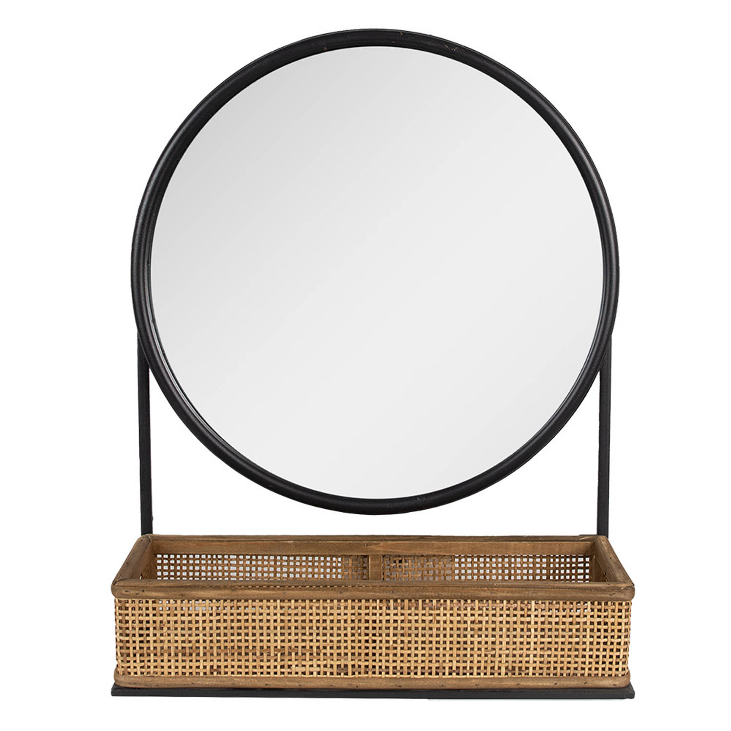 HAES DECO - Ronde Spiegel met Rotan mand - Kleur Bruin - Formaat 40x12x51 cm - Materiaal Metaal / Glas / Hout - Wandspiegel, Spiegel rond