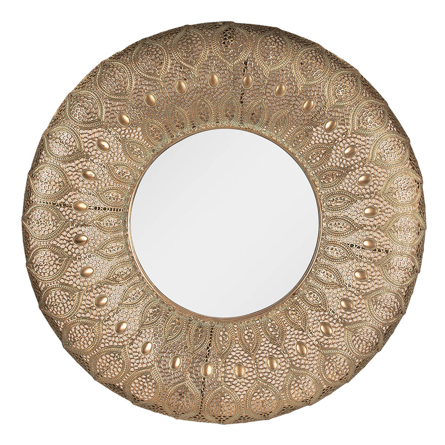 HAES DECO - Ronde Spiegel met mooi bewerkte rand - Kleur Goudkleurig - Formaat Ø 60x6 cm - Materiaal Metaal / Glas - Wandspiegel, Spiegel rond