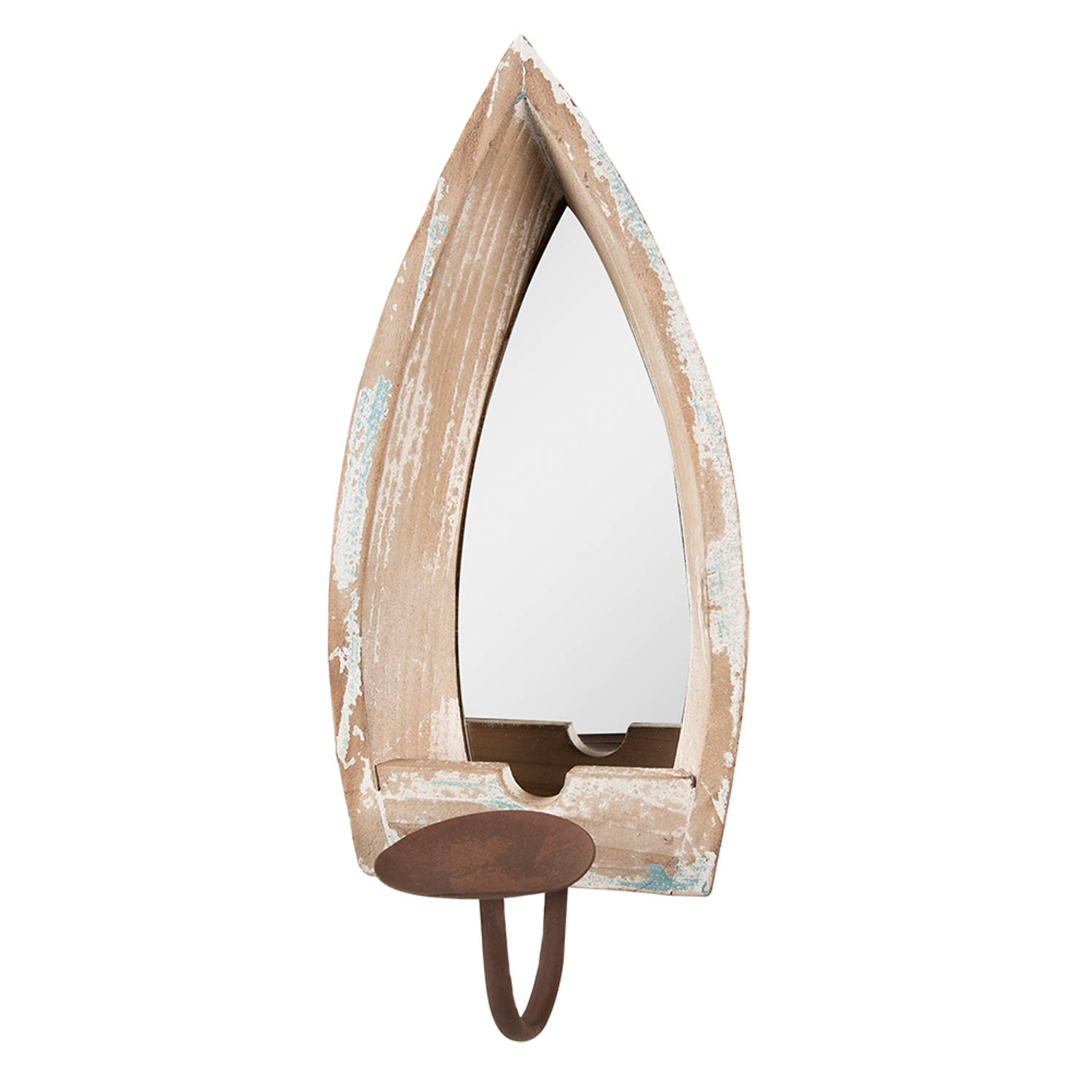 HAES DECO - Decoratieve Spiegel met Kandelaar - Kleur Beige - Formaat 15x17x36 cm - Materiaal Hout / Glas - Wandspiegel