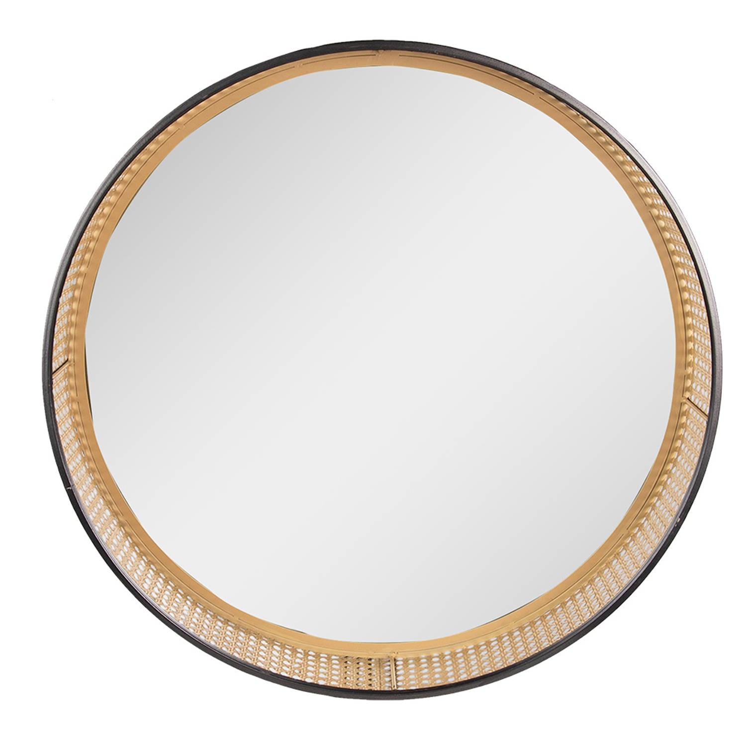 HAES DECO - Ronde Spiegel met Rotan rand - Kleur Bruin - Formaat Ø 60x10 cm - Materiaal Metaal / Glas - Wandspiegel, Spiegel rond