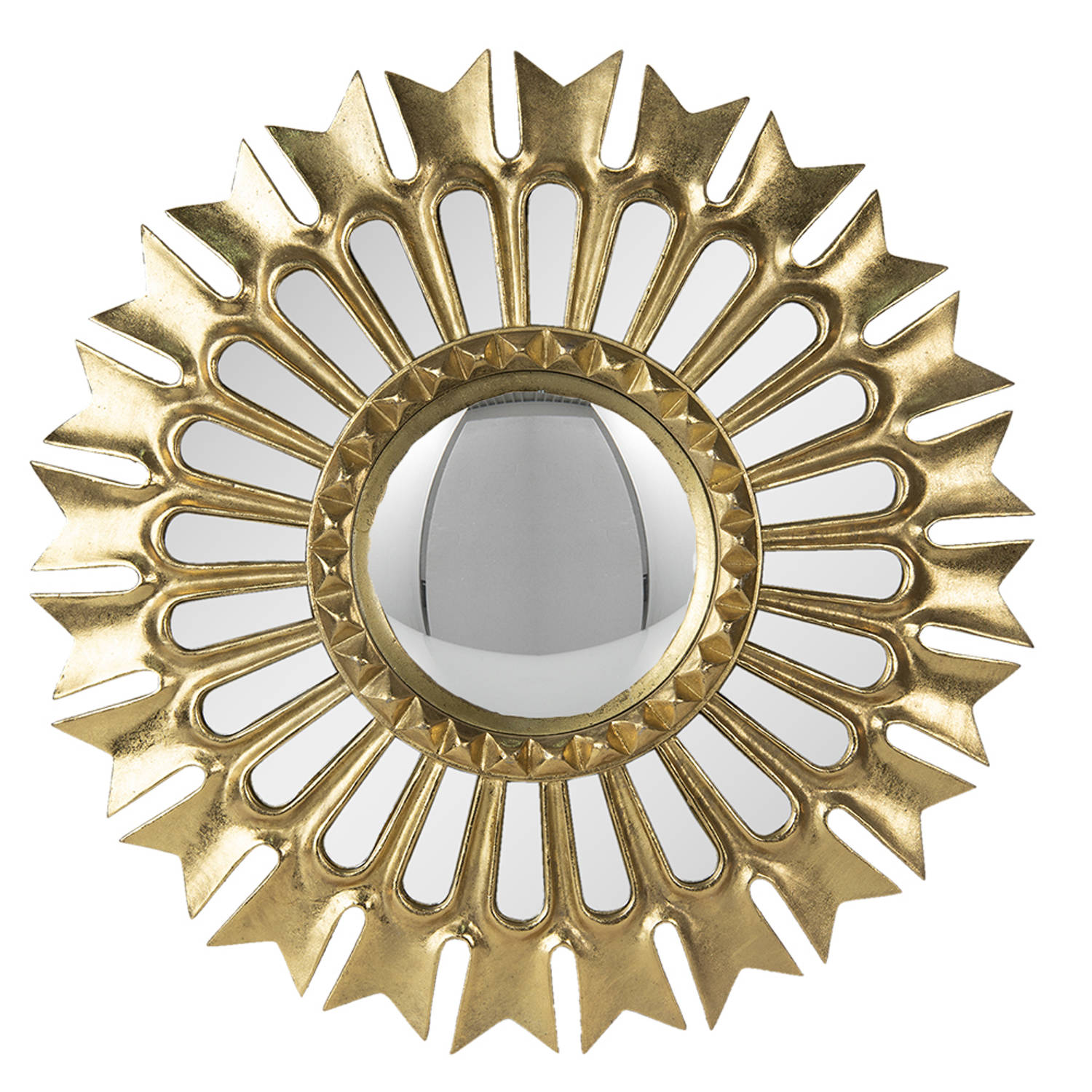 HAES DECO - Bolle ronde Spiegel met versierde rand - Kleur Goudkleurig - Formaat Ø 38x3 cm - Materiaal Polyresin / Glas - Wandspiegel, Spiegel rond, Convex Glas