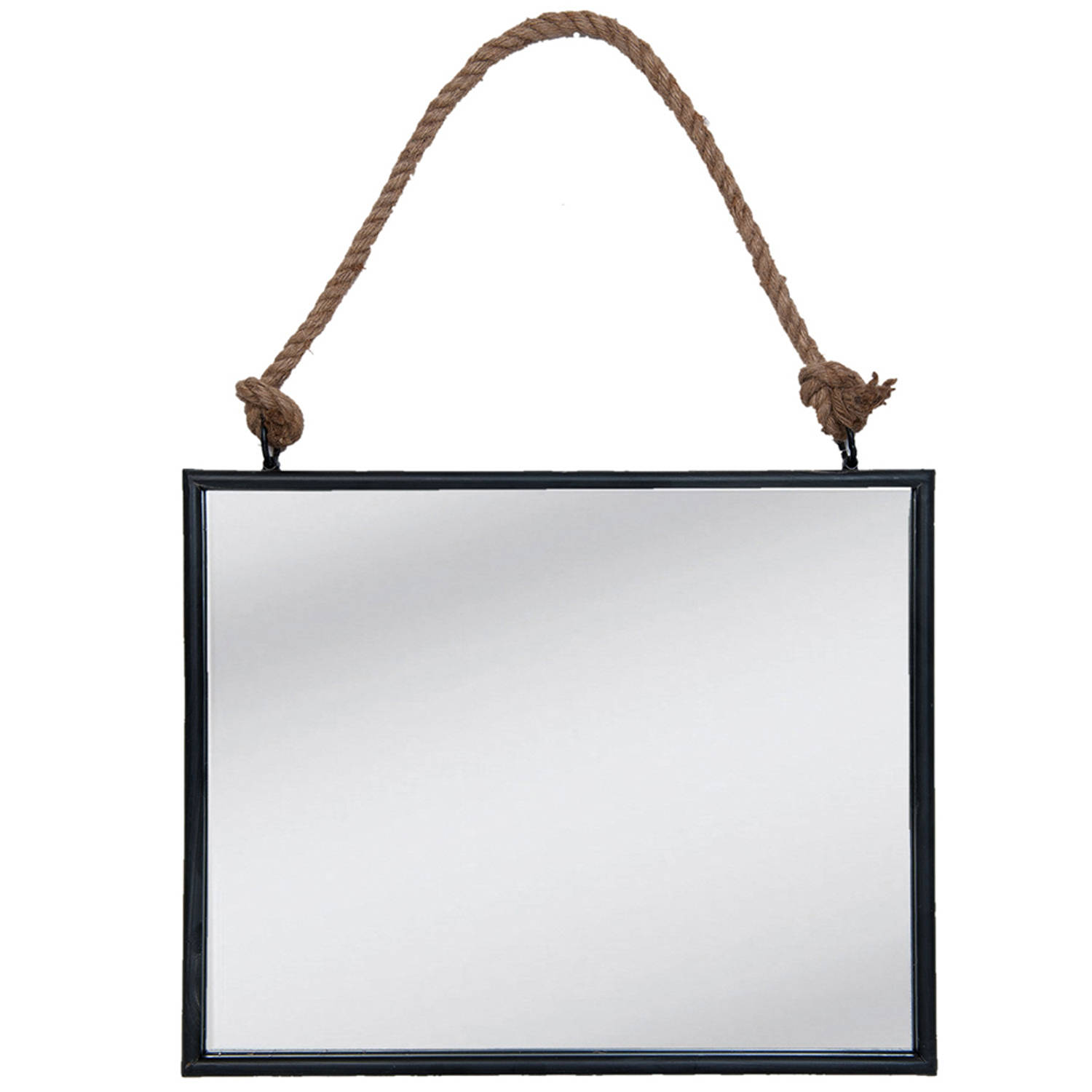 HAES DECO - Grote Rechthoekige Spiegel aan Touw - Kleur Zwart - Formaat 50x4x40 cm - Materiaal MDF / Metaal - Wandspiegel, Spiegel Rechthoek