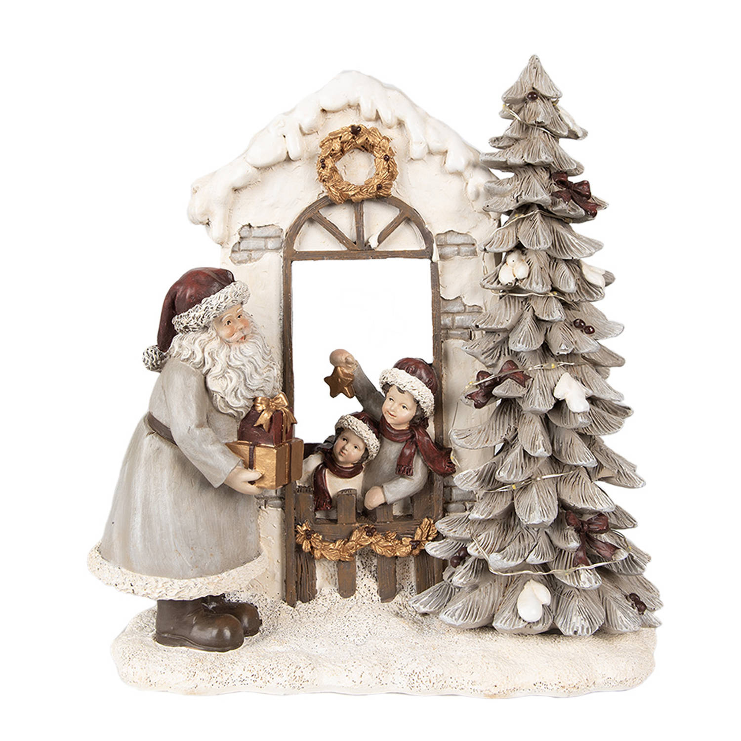 Clayre & Eef Kerstdecoratie met LED-verlichting Kerstman 22x10x23 cm Wit Polyresin Wit