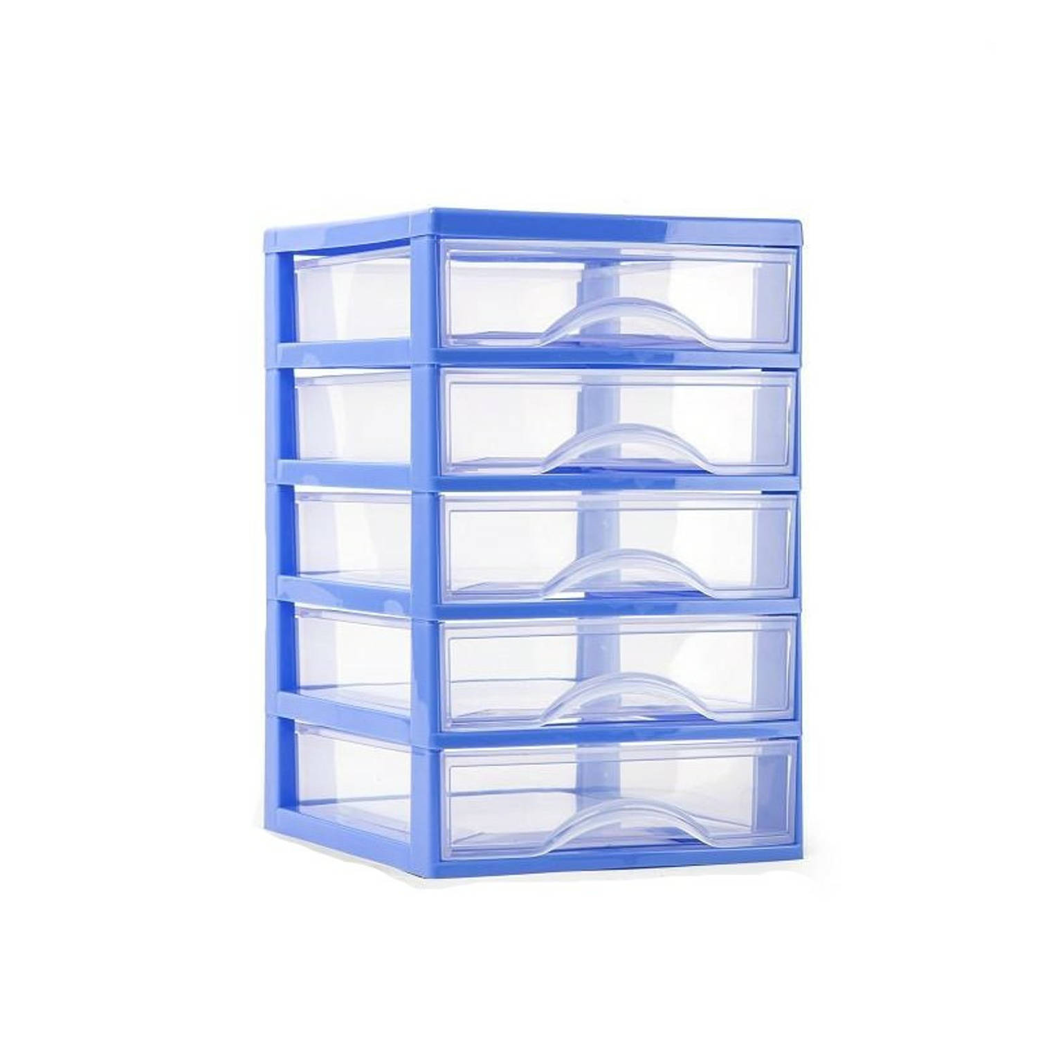 Plasticforte Ladeblokje/bureau organizer 5x lades - blauw/transparant - L18 x B21 x H28 cm - plastic