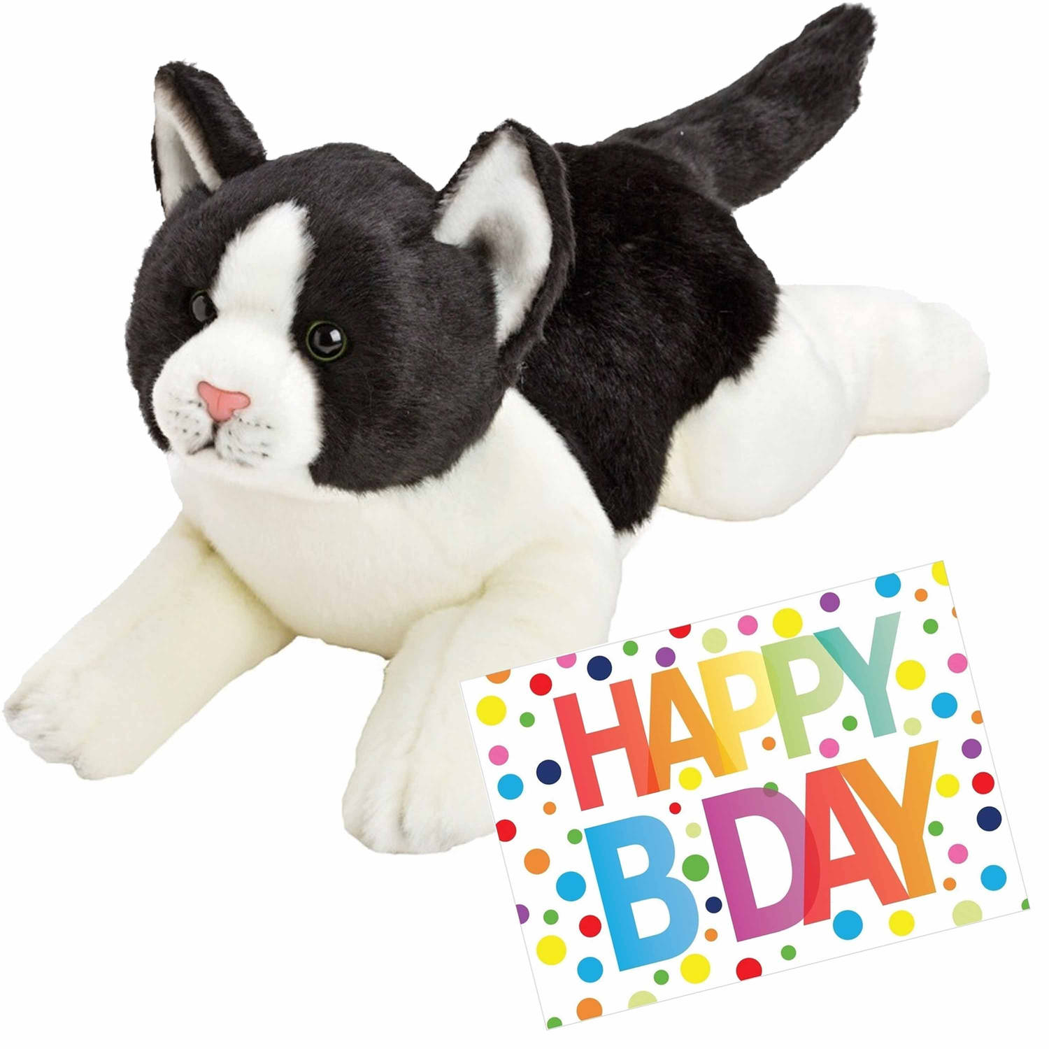 Pluche knuffel zwart-witte kat-poes 33 met A5-size Happy Birthday wenskaart Knuffel huisdieren