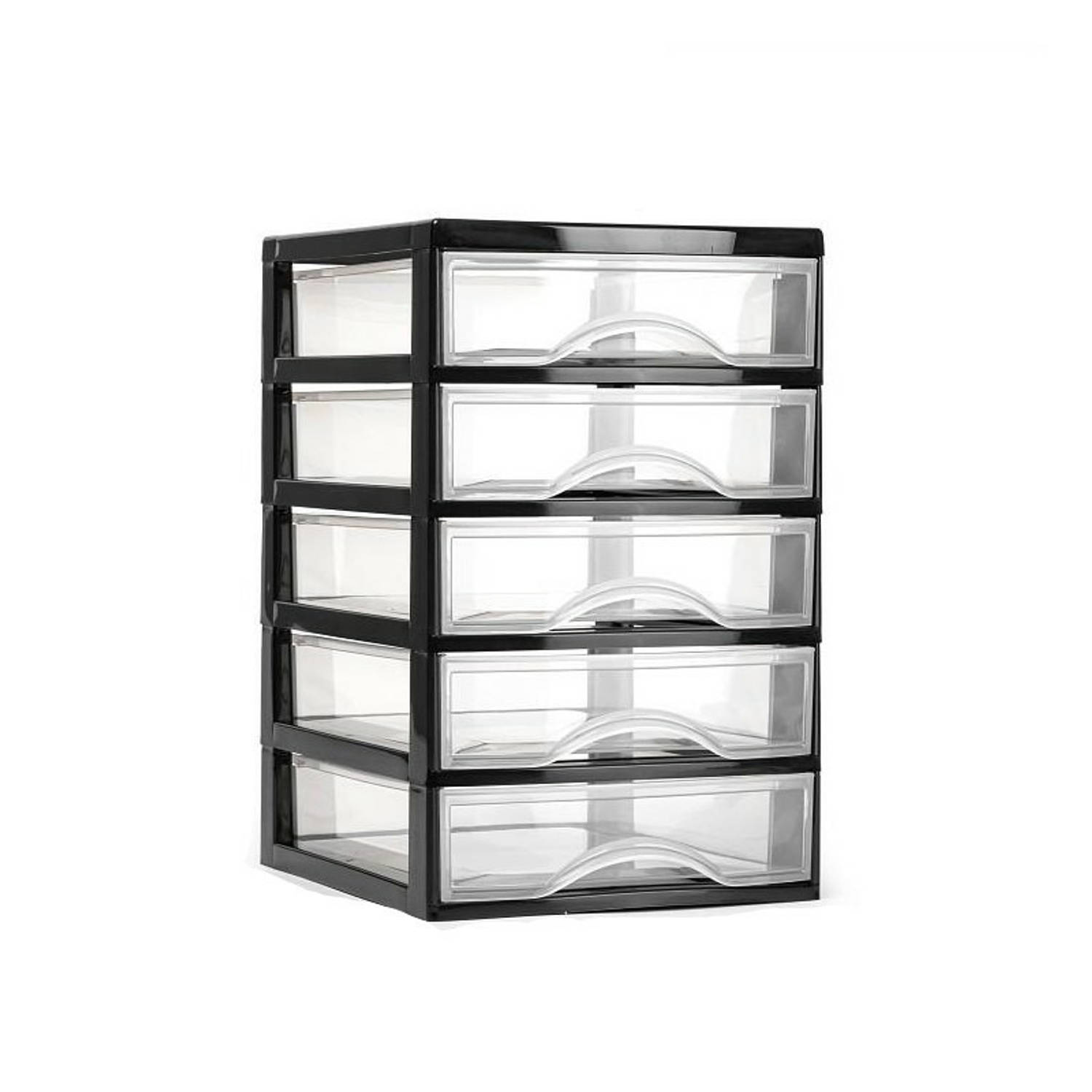 Plasticforte Ladeblokje/bureau organizer 5x lades - zwart/transparant - L18 x B21 x H28 cm - plastic