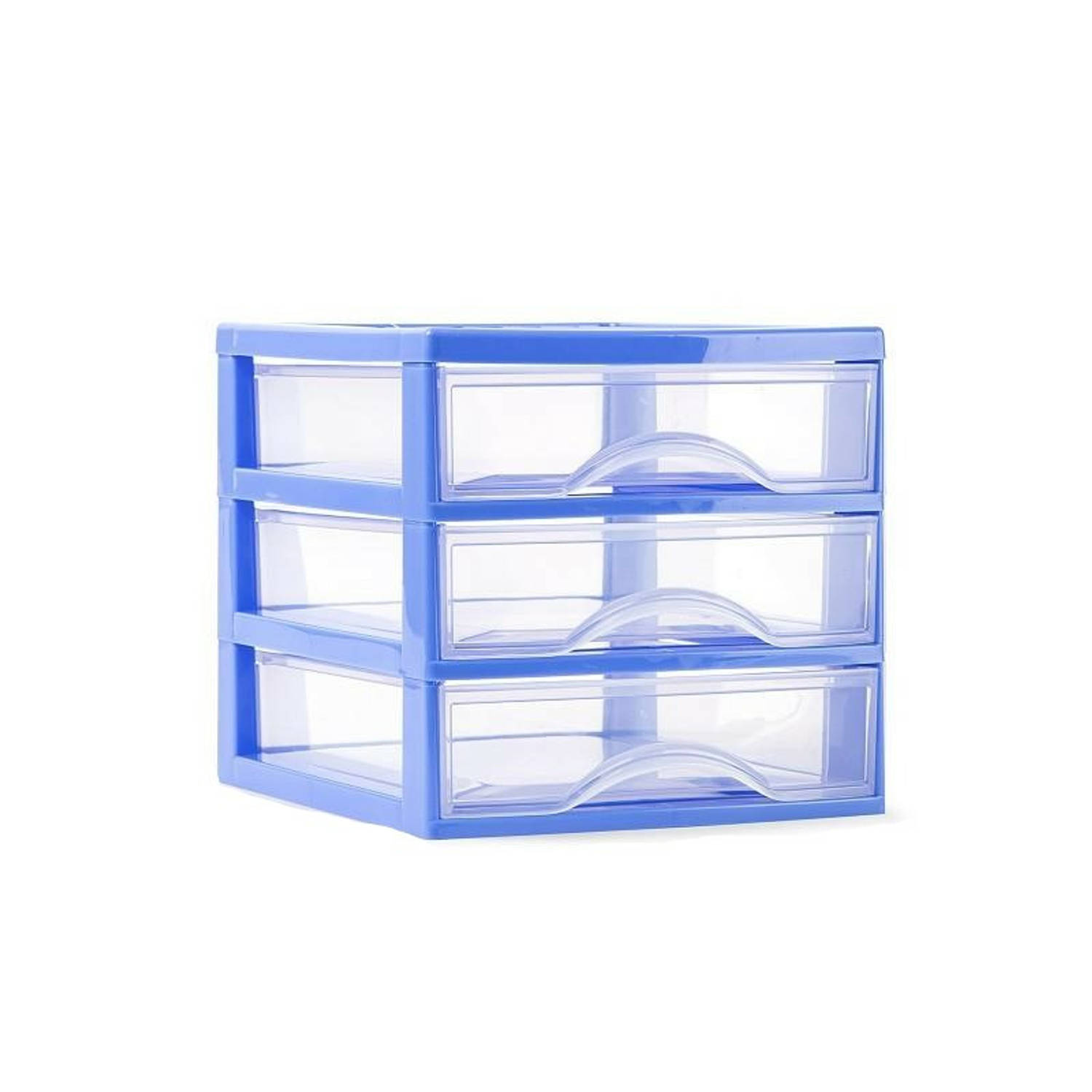 Plasticforte Ladeblokje/bureau organizer 3x lades - blauw/transparant - L18 x B21 x H17 cm - plastic