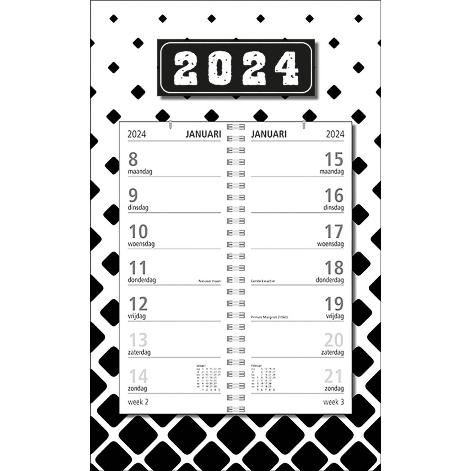 MGPcards - Omlegweekkalender 2024 - Week begint op Maandag - Zwart-Wit