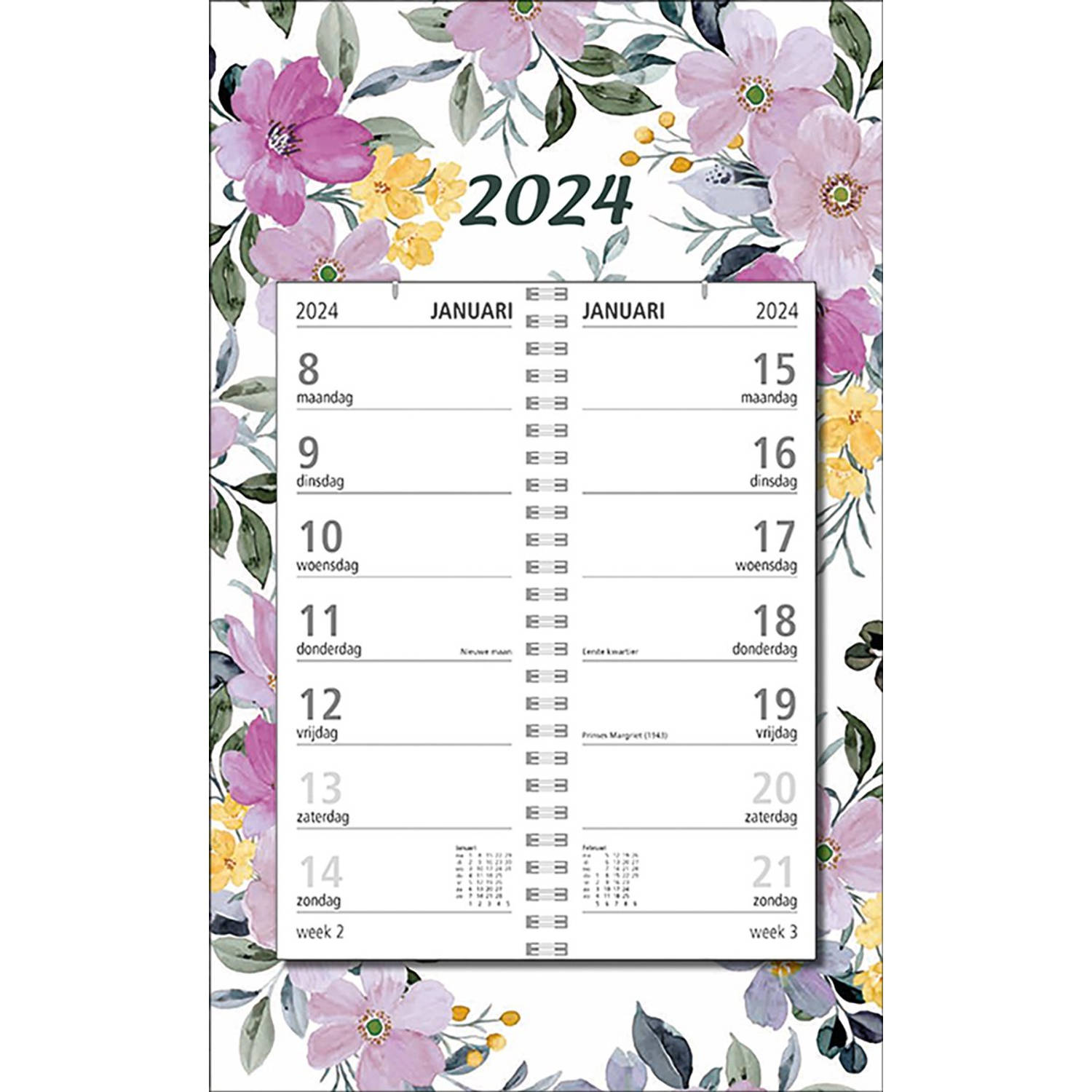 MGPcards - Omlegweekkalender 2024 - Week begint op Maandag - Bloemen - Pastel Lila