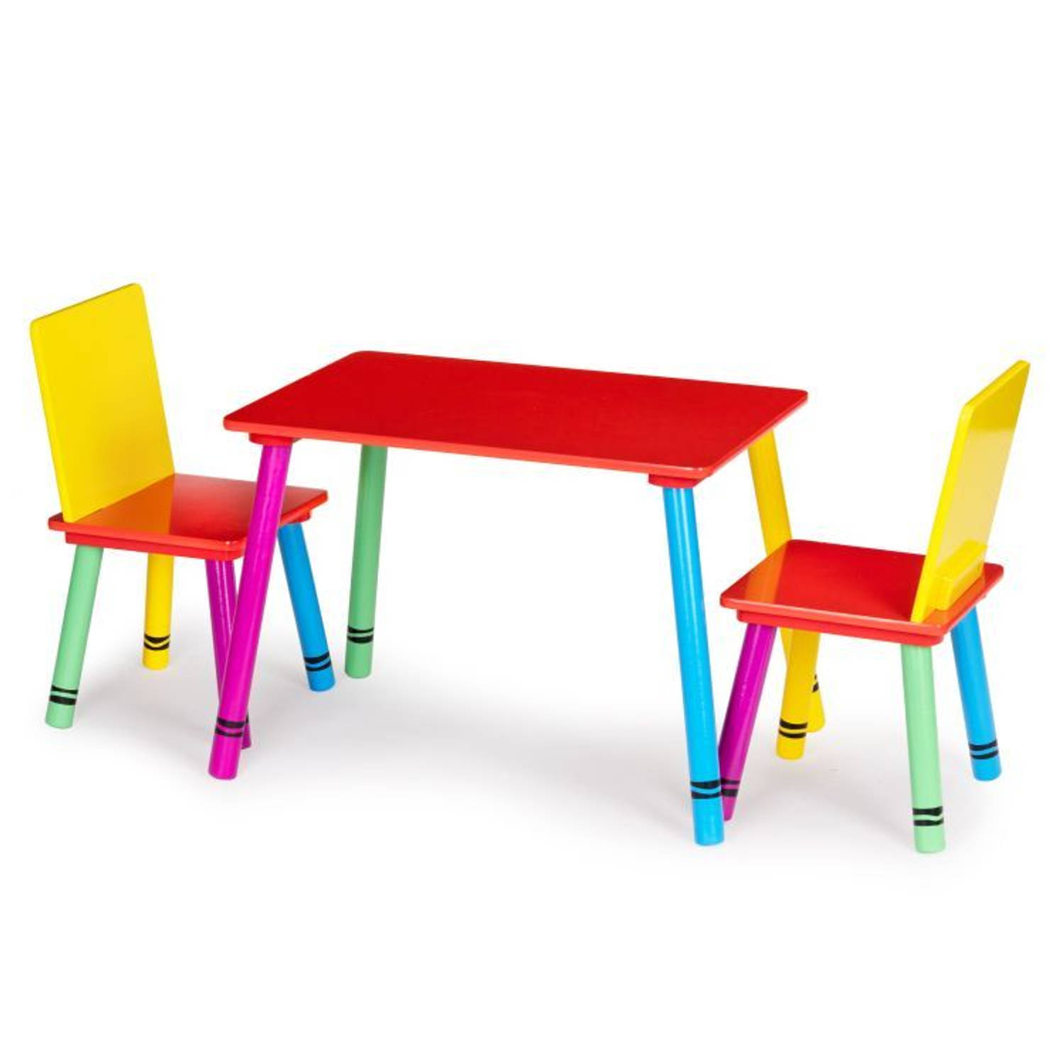 Kindertafel en stoeltjes - krijtjes - hout - multikleur