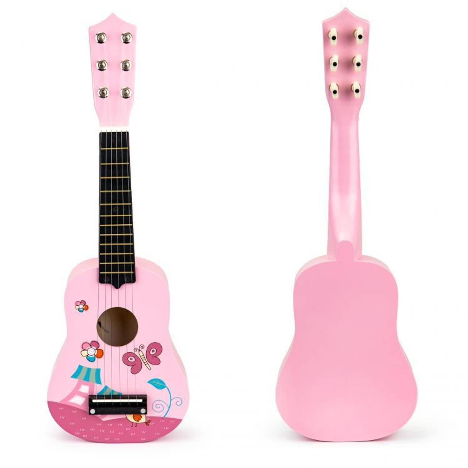 Ecotoys houten kindergitaar met 6 snaren en 12 frets - Speelgoedinstrument - Speelgoed gitaar - 17,5 x 5 x 52,5 cm - Roze