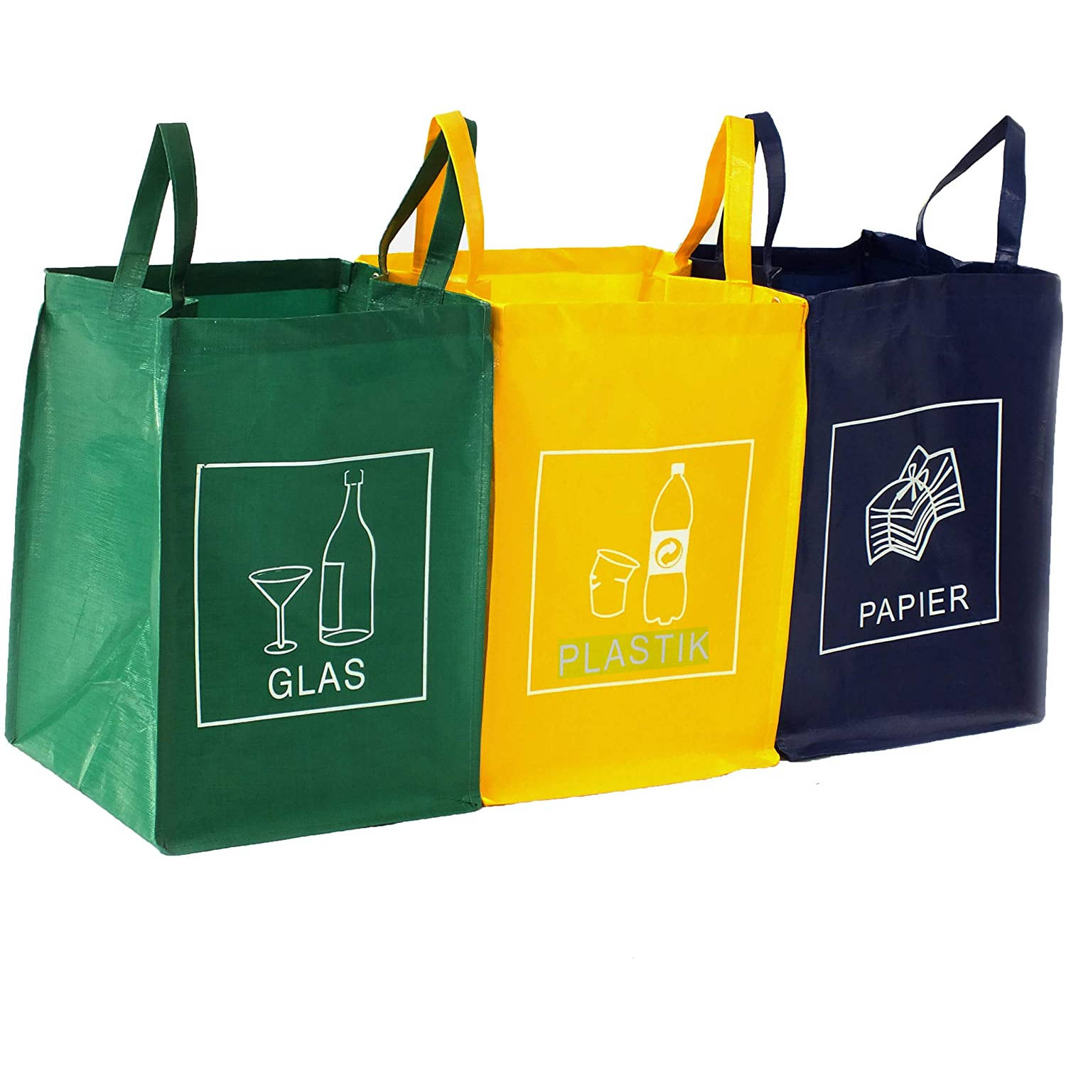 Afval scheiding, set van 3 recycle zakken voor glas, plastic en papier