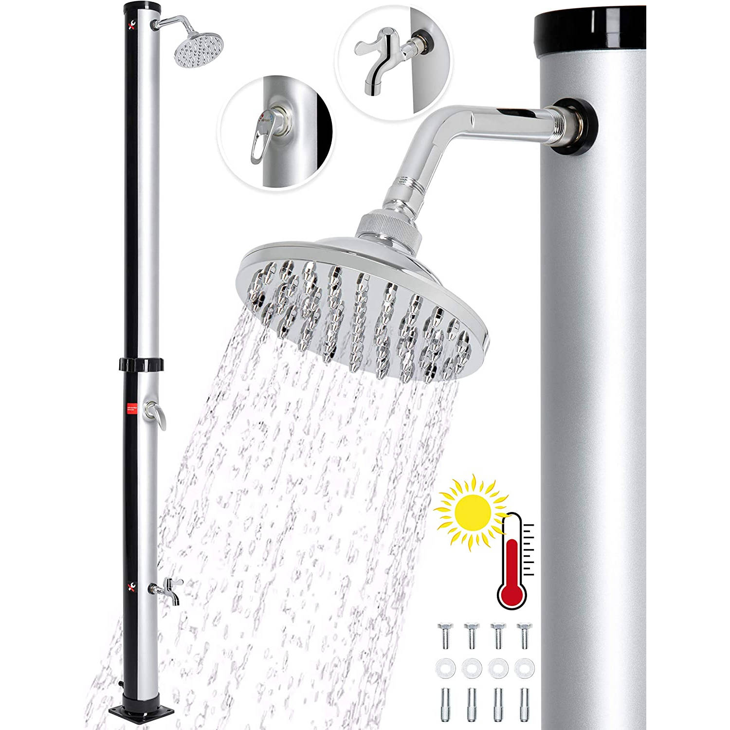 Tillvex- Design zilveren tuindouche camping douche solar douche zonnedouche zonder stroom 20 liter