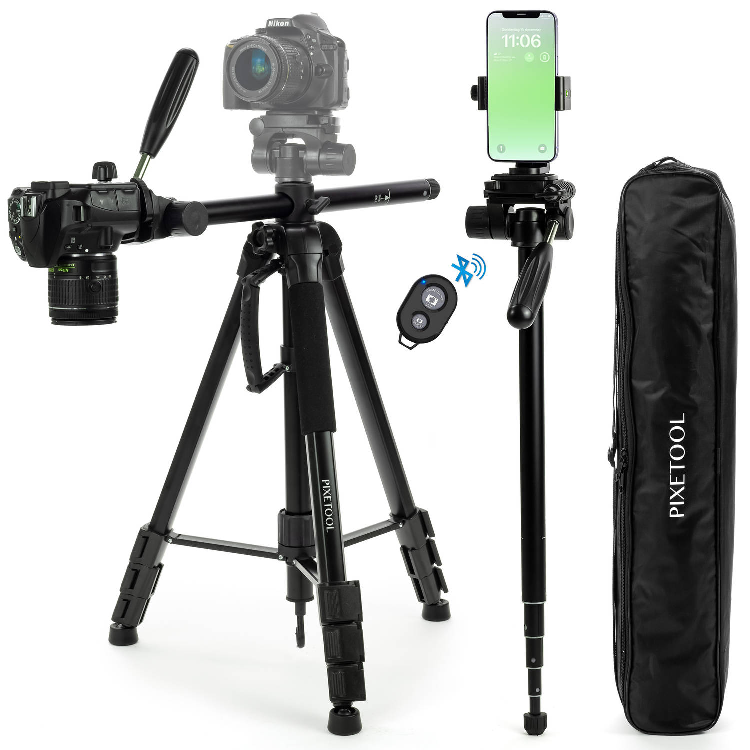 PIXETOOL Camera en Telefoon Statief 180cm Tripod Statief met Smartphone Houder -Universeel Horizonta