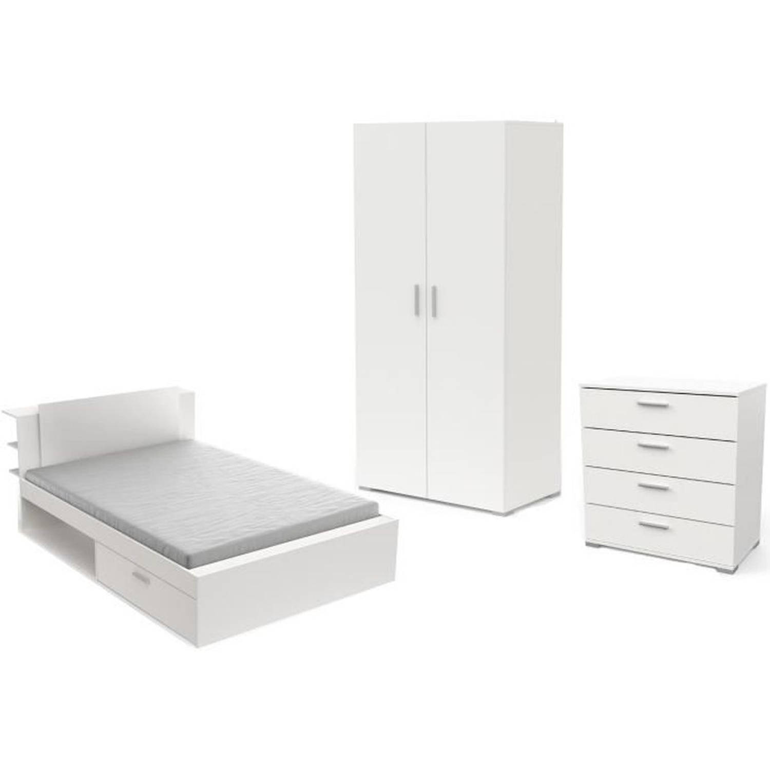 Volledige volwassen slaapkamer LIFE - Bed + Ladekast + Kleerkast - Wit decor - DEMEYERE - Made in France