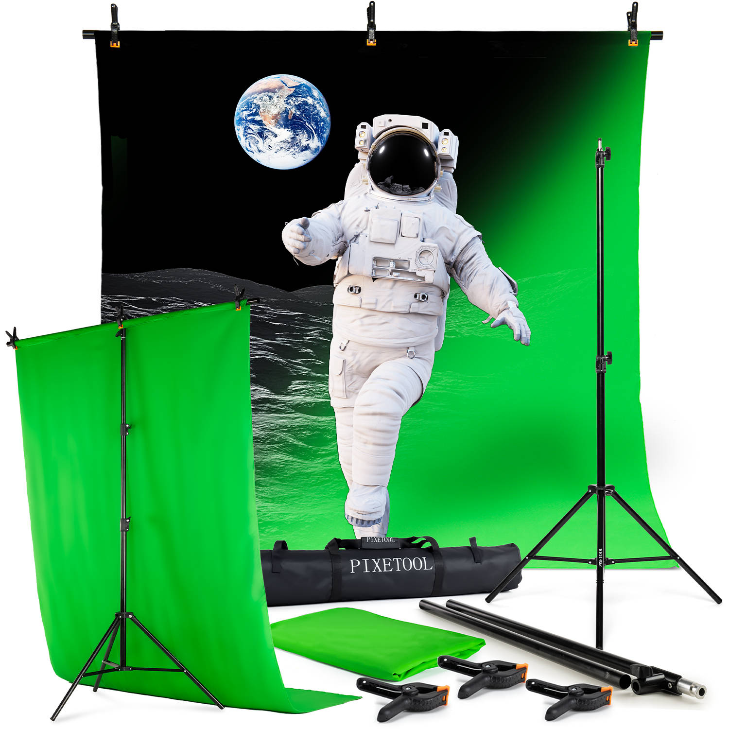 Pixetool - Green Screen Doek 260 x 150cm met achtergrondsysteem 2,6 x 1,5m - Achtergronddoek - Fotostudio - Green Screen Studio - Inclusief 3 klemmen