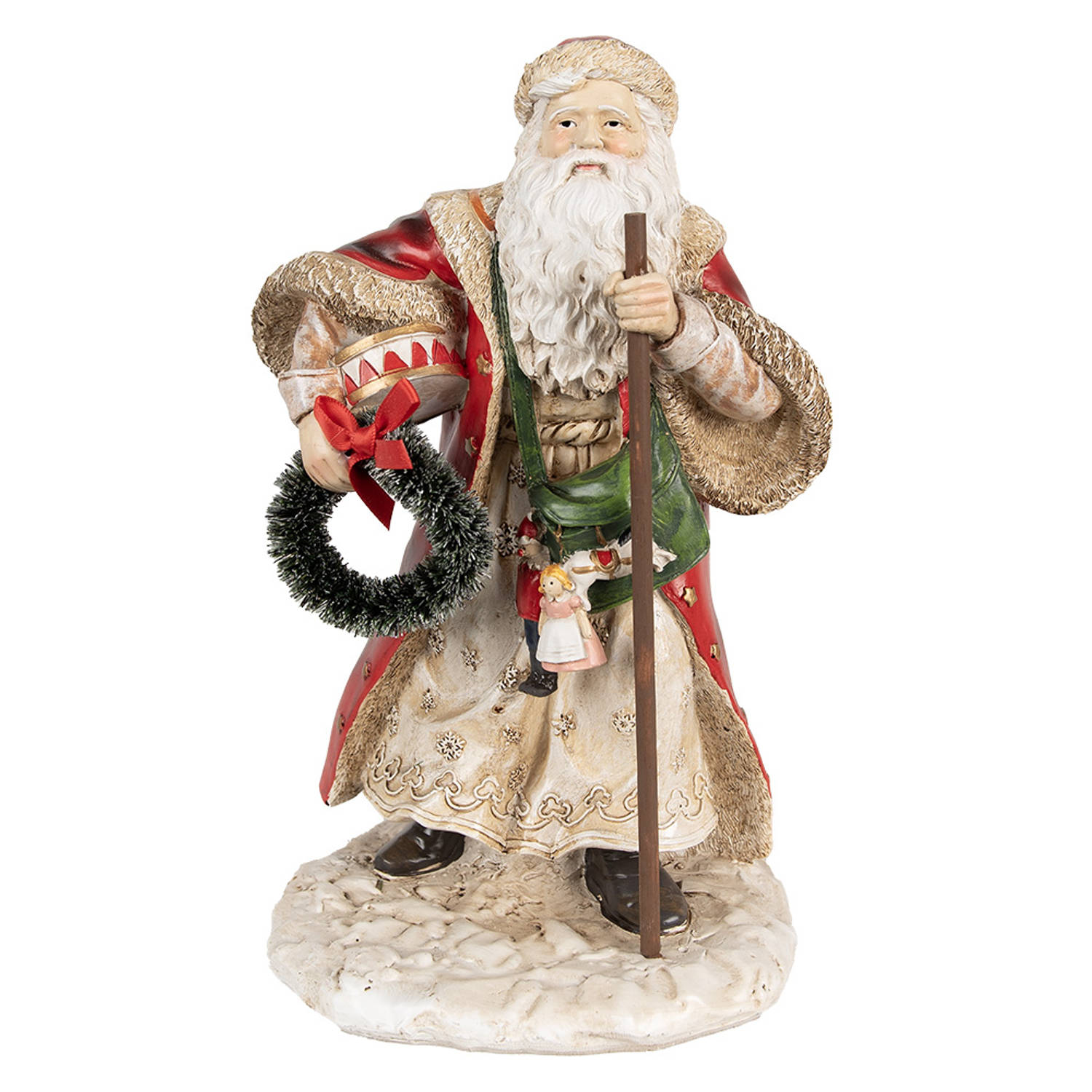 Clayre & Eef Decoratie Beeld Kerstman 25 cm Rood Beige Polyresin Kerstfiguren