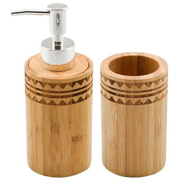 WC/Toiletborstel met houder 37 cm en zeeppompje/beker bamboe hout - Badkameraccessoireset